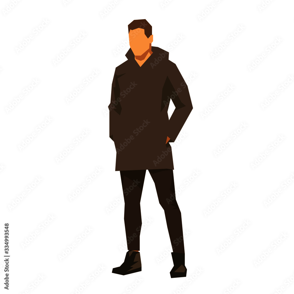 Man in coat standing, geometric flat design. Isolated vector illustration Man in coat standing, geometric flat design. Isolated vector illustration