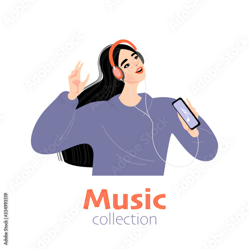 Vector illustration of a girl listening to music with headphones on a white background. Using mobile applications to create music collections concept