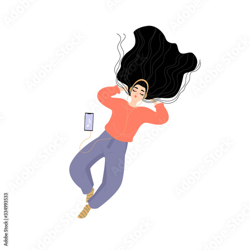 Vector illustration of a girl lying and listening to music with headphones on a white background