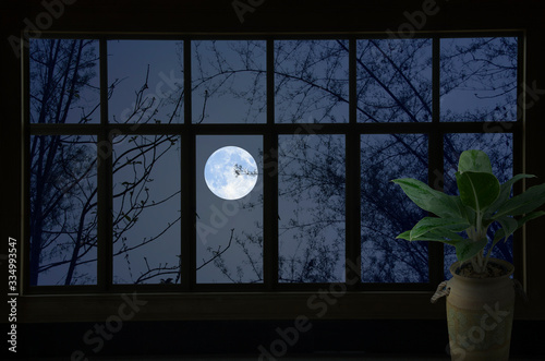 Photo White moon in blue sky in glass window view at night