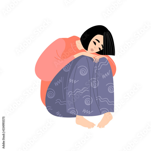 Vector illustration of a sad girl sitting on a white background. Young woman suffering from depression