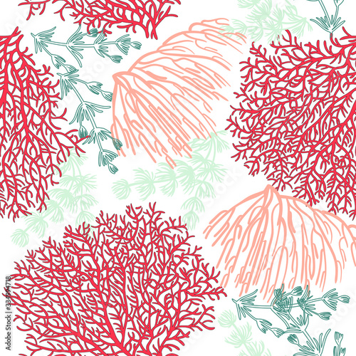 Red, pink and mint corals on the white background. Vector seamless pattern with tropical reef. Nautical doodles.