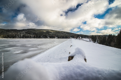 Obraz na płótnie Winter scenery of water reservoir Sous located in Jizera Mountains w salonie