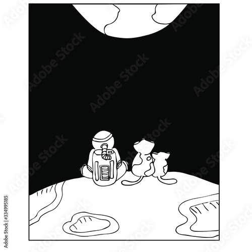 an astronaut and two cats sit on the moon and look at the earth. Stay home, isolation, covid-19 concept. save the planet, save humanity