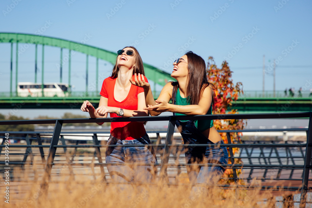 Two young best female friends standing by the old bridge