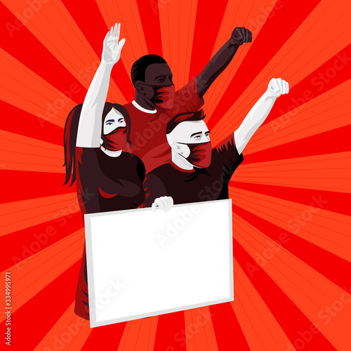 Rebels on demonstration. Two man and a woman raised hands fighting for their rights. People in masks on red retro background.