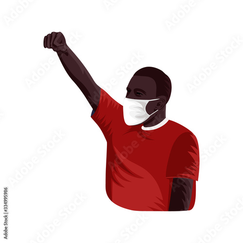 Dark skinned man wearing medical mask raised hard clenched fist vector illustration. Rioter in mask raised fist on white background.