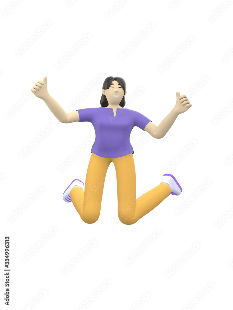 3D rendering character of an Asian girl jumping and dancing holding his hands up. Happy cartoon people, student, businessman. Positive illustration is isolated on a white background. 3D rendering character of an Asian girl jumping and dancing holding his hands up. Happy cartoon people, student, businessman. Positive illustration is isolated on a white background.