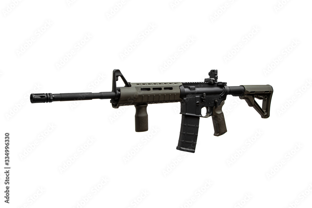 Modern automatic rifle isolated on white. Weapons for police, special forces and the army. Automatic carbine with mechanical sights. Modern automatic rifle isolated on white. Weapons for police, special forces and the army. Automatic carbine with mechanical sights.