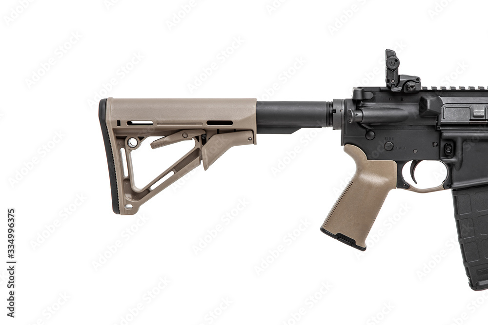 Modern automatic rifle isolated on white. Weapons for police, special forces and the army. Automatic carbine with mechanical sights. Modern automatic rifle isolated on white. Weapons for police, special forces and the army. Automatic carbine with mechanical sights.