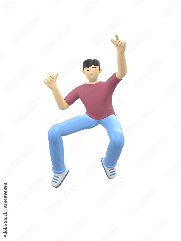 3D rendering character of an Asian guy jumping and dancing holding his hands up. Happy cartoon people, student, businessman. Positive illustration is isolated on a white background.