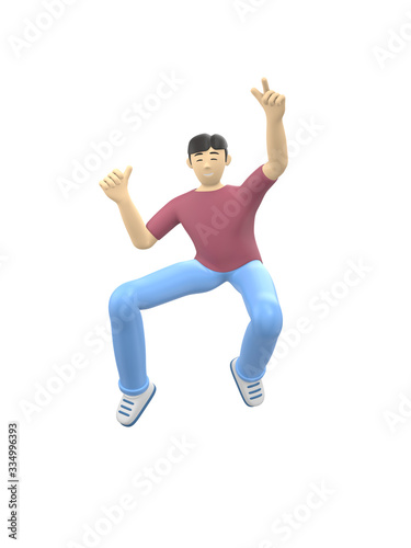 3D rendering character of an Asian guy jumping and dancing holding his hands up. Happy cartoon people, student, businessman. Positive illustration is isolated on a white background.