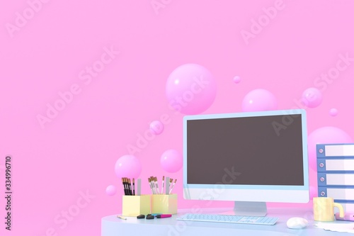 Abstractof laptop computer mock up pink color background. 3d render
 photo