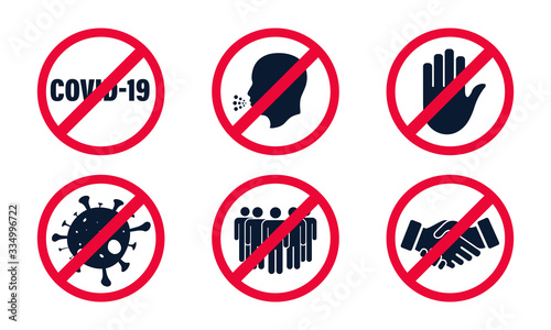Coronavirus, 2019-nCoV. Set of Stop Red prohibition sign. Forbidden signs collection, No crowd, handshake, contact, touch, coronavirus, cough. Stop Red sign . Dangerous
