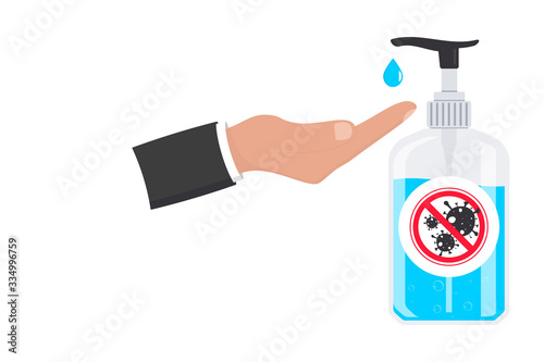 Hand sanitizers. Alcohol Gel Hand Sanitizer. Washing gel for kill most bacteria, fungi and stop some viruses such as coronavirus. Covid-19 spread prevention concept