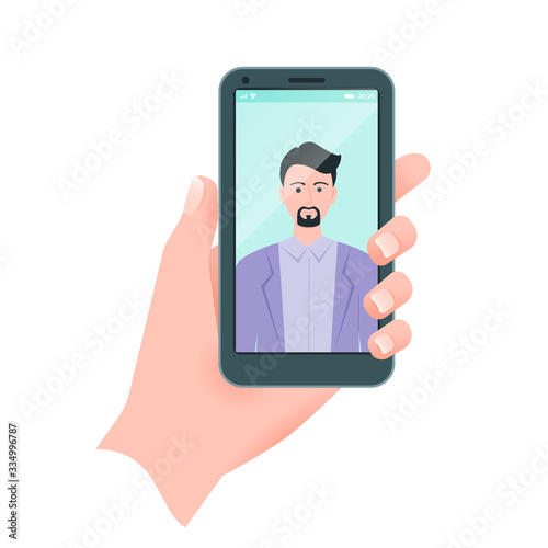 Vector flat guy taking self portrait. Human hand holding mobile phone.