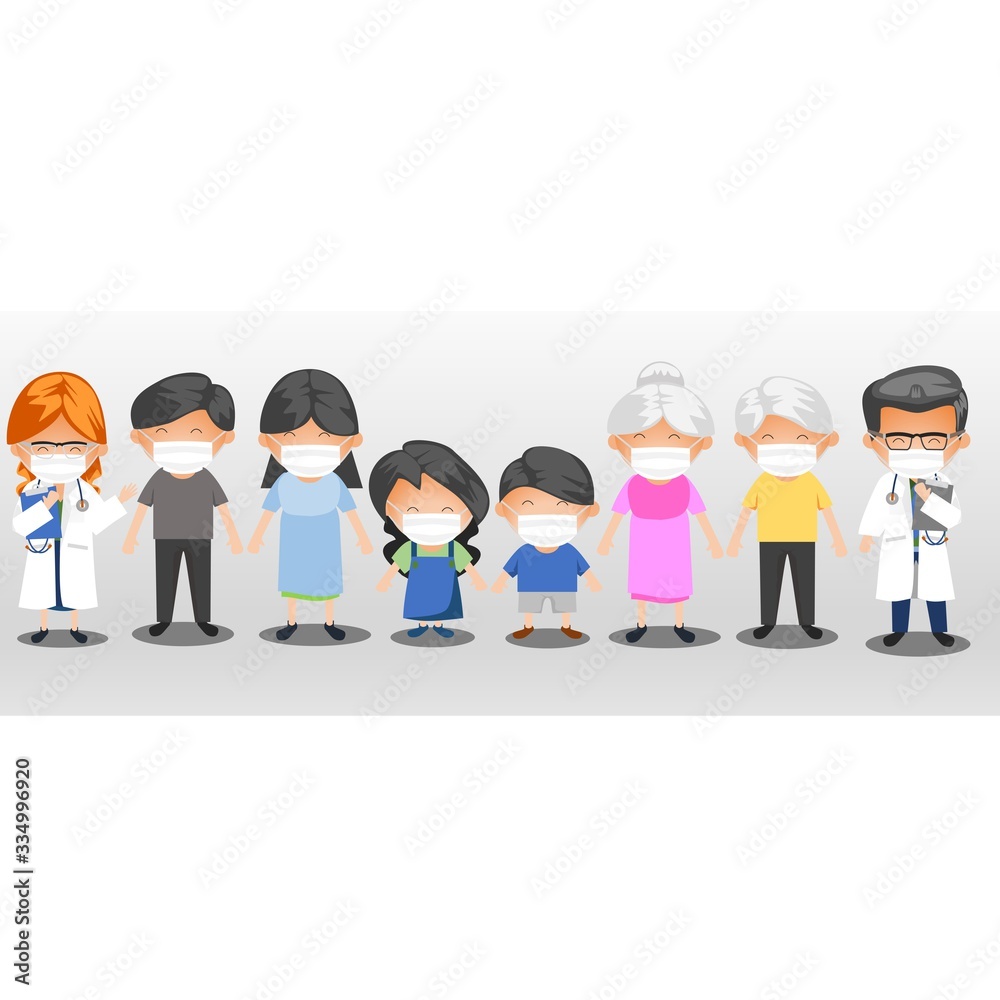 Group of people and doctors wearing medical masks to prevent disease, flu, air pollution, contaminated air, world pollution. Illustration in a flat style Group of people and doctors wearing medical masks to prevent disease, flu, air pollution, contaminated air, world pollution. Illustration in a flat style