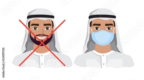 Arab men wearing medical mask to prevent disease, flu, air pollution, contaminated air, world pollution.