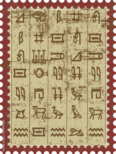 Ancient Egyptian pattern hieroglyphs. Ethnic decoration, history manuscript, mythology and traditional. Vector illustration - grunge background