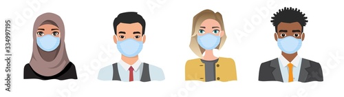 Group of people wearing medical masks to prevent disease, flu, air pollution, contaminated air, world pollution.