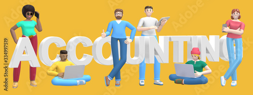 Group of young multiethnic successful people with laptop, tablet, phone and surround word accounting on yellow background. Horizontal banner cartoon character and website slogan. 3D rendering.
