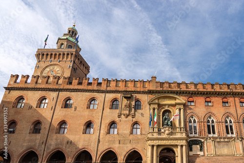 Accursio palace and Accursi Tower (XIII century), ancient Bologna city hall in Piazza Maggiore. Emilia-Romagna, Italy, Europe