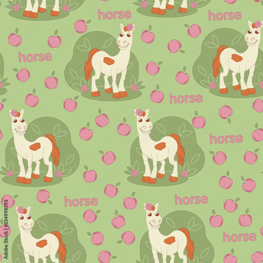 Funny horse on the lawn with an Apple pattern children's illustration Funny horse on the lawn with an Apple pattern children's illustration
