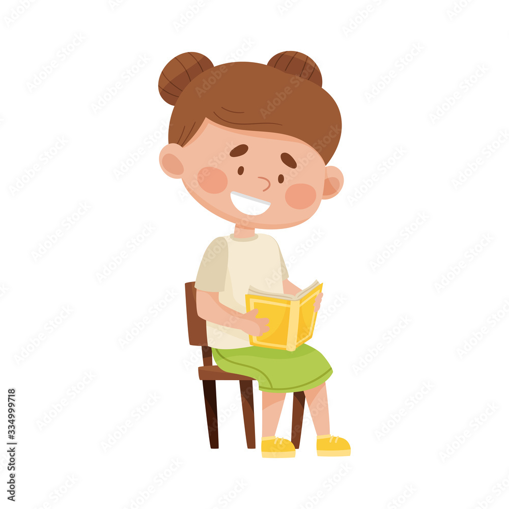 Girl Sitting on Chair with Open Book and Reading Vector Illustration Girl Sitting on Chair with Open Book and Reading Vector Illustration