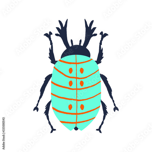 Cute multi colored beetle with horns. Isolated on white background. Insect drawing. Trendy design for card, poster, shirt, cup, mug. Hand drawn vector illustration.