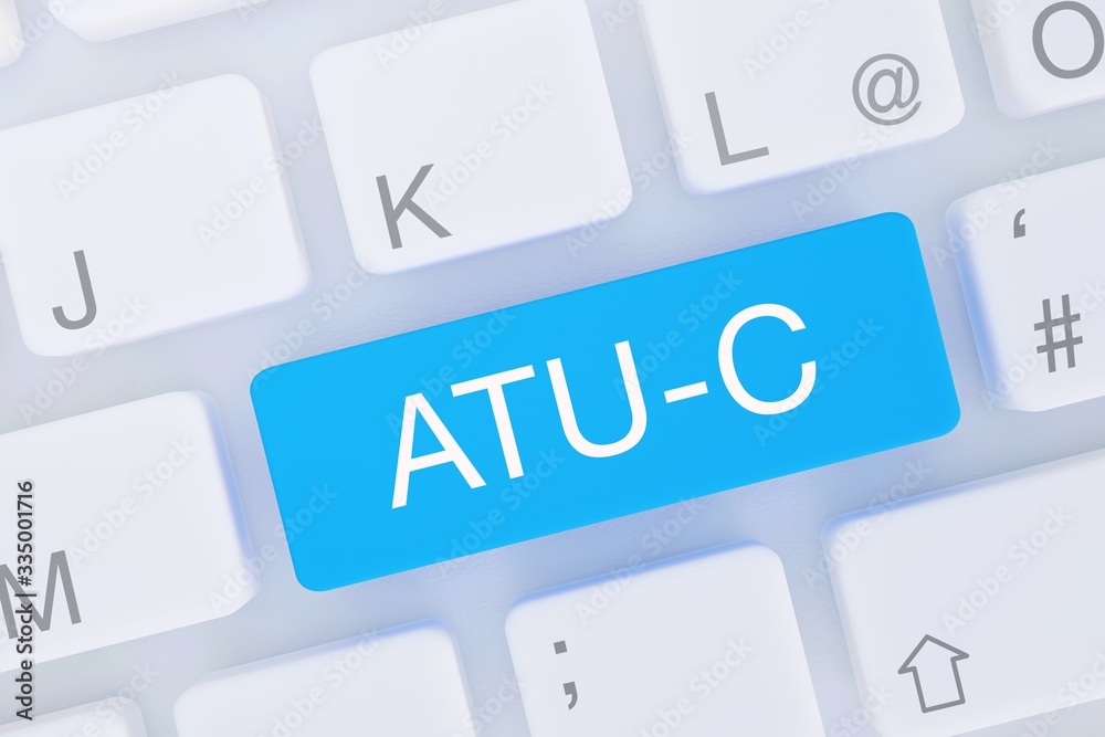 ATU-C. Computer Tastatur von oben zeigt Taste mit Wort hervorgehoben. Software, Internet, Programm ATU-C. Computer Tastatur von oben zeigt Taste mit Wort hervorgehoben. Software, Internet, Programm