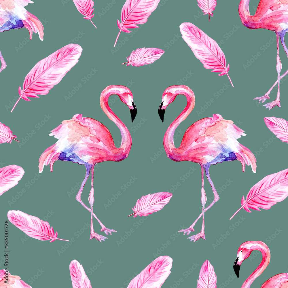 Obraz premium Watercolor seamless pattern of pink flamingo