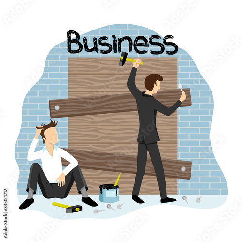 Upset business people close a busted business.