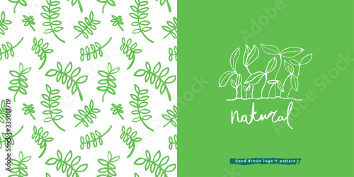 Vector hand-drawn agricultural seamless pattern for hydroponic and microgreens concept. Floral background with growing leaf for label of seed. Natural pastel textures. Banner template for Bio food.