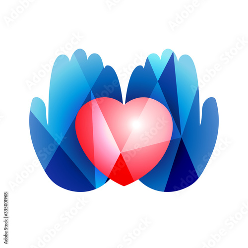 Heart in hands logo concept. Creative sign in stained glass style. Human palms and 3D heart shape. Abstract isolated graphic design template. Logotype idea in red and blue colors. White background.