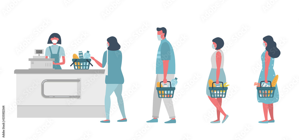 Supermarket during the coronavirus epidemic. Supermarket cashier in medical mask. Buyers wearing antivirus masks keep their distance in line to stay safe. People have food baskets in their hands.