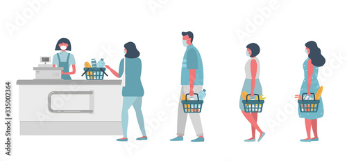 Supermarket during the coronavirus epidemic. Supermarket cashier in medical mask. Buyers wearing antivirus masks keep their distance in line to stay safe. People have food baskets in their hands.