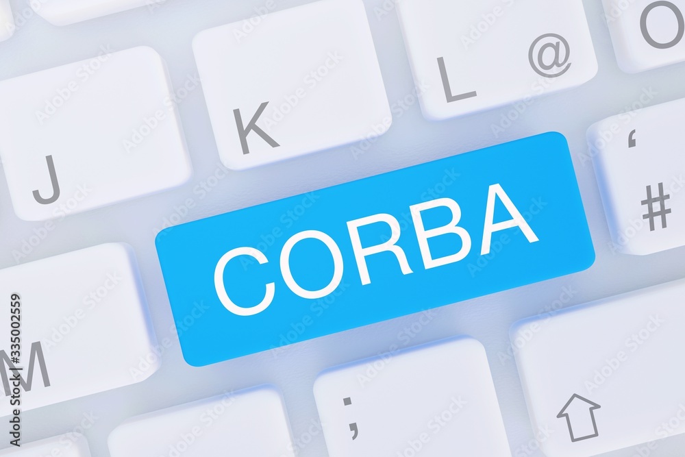 CORBA. Computer Tastatur von oben zeigt Taste mit Wort hervorgehoben. Software, Internet, Programm CORBA. Computer Tastatur von oben zeigt Taste mit Wort hervorgehoben. Software, Internet, Programm
