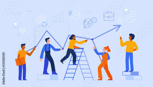 Vector illustration in trendy flat and linear style - teamwork and business growth concept - people constructing graphics 