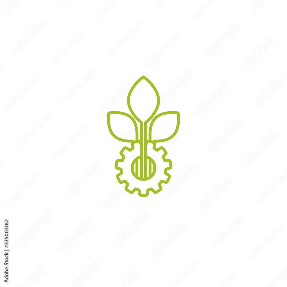 green line mechanical gear and green leaf. Isolated on white background. Eco friendly technology icon. green line mechanical gear and green leaf. Isolated on white background. Eco friendly technology icon.