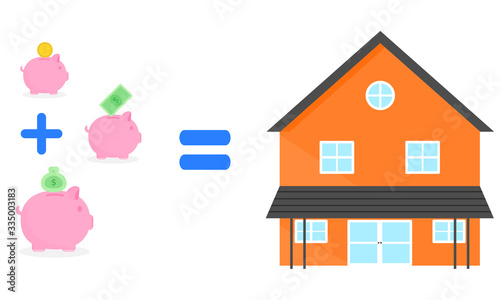 Saving , pink piggy bank with money coil , banknote and money bag into House in future.