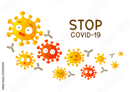 Coronavirus cartoon scared characters attacked by antibodies isolated on white background