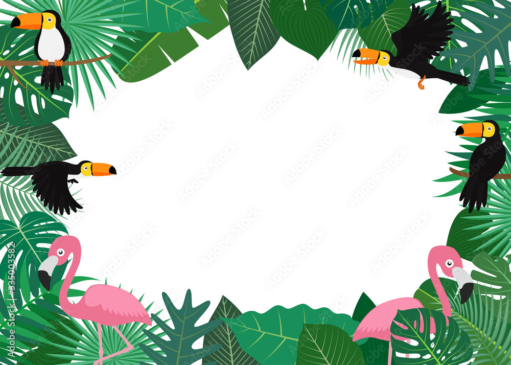 Φωτογραφία Vector illustration of frame made of green tropical leaves with flamingo and tou