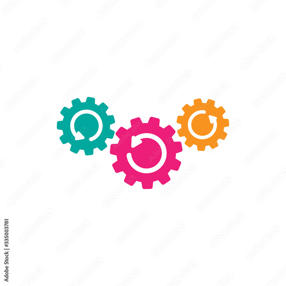 colorful gears with arrows. Flat icon isolated on white. Vector illustration for technology or innovation.