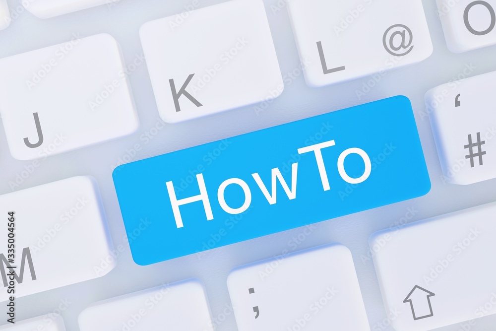 HowTo. Computer Tastatur von oben zeigt Taste mit Wort hervorgehoben. Software, Internet, Programm HowTo. Computer Tastatur von oben zeigt Taste mit Wort hervorgehoben. Software, Internet, Programm