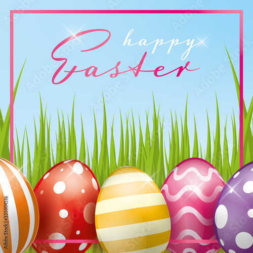 Vector Illustration of Happy Easter Holiday with Painted Eggs and Grass on Colorful Background. International Spring Celebration Design with Typography for Greeting Card, Party Invitation