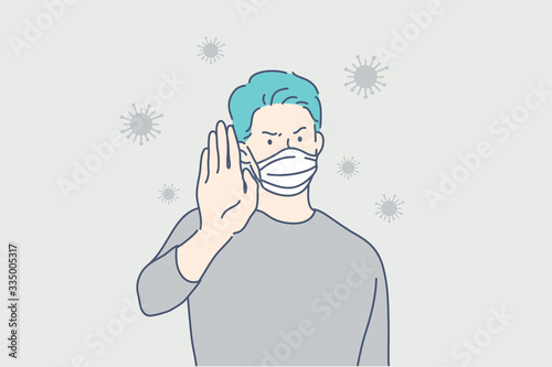 Health, coronavirus, ncov, covid, protection set concept. Protection from ncov19, covid2019. Man boy with white medical face mask stops coronavirus. Contagious desease. Quarantine. Health safety.