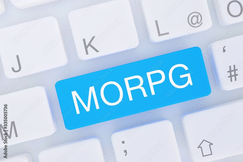 MORPG. Computer Tastatur von oben zeigt Taste mit Wort hervorgehoben. Software, Internet, Programm MORPG. Computer Tastatur von oben zeigt Taste mit Wort hervorgehoben. Software, Internet, Programm