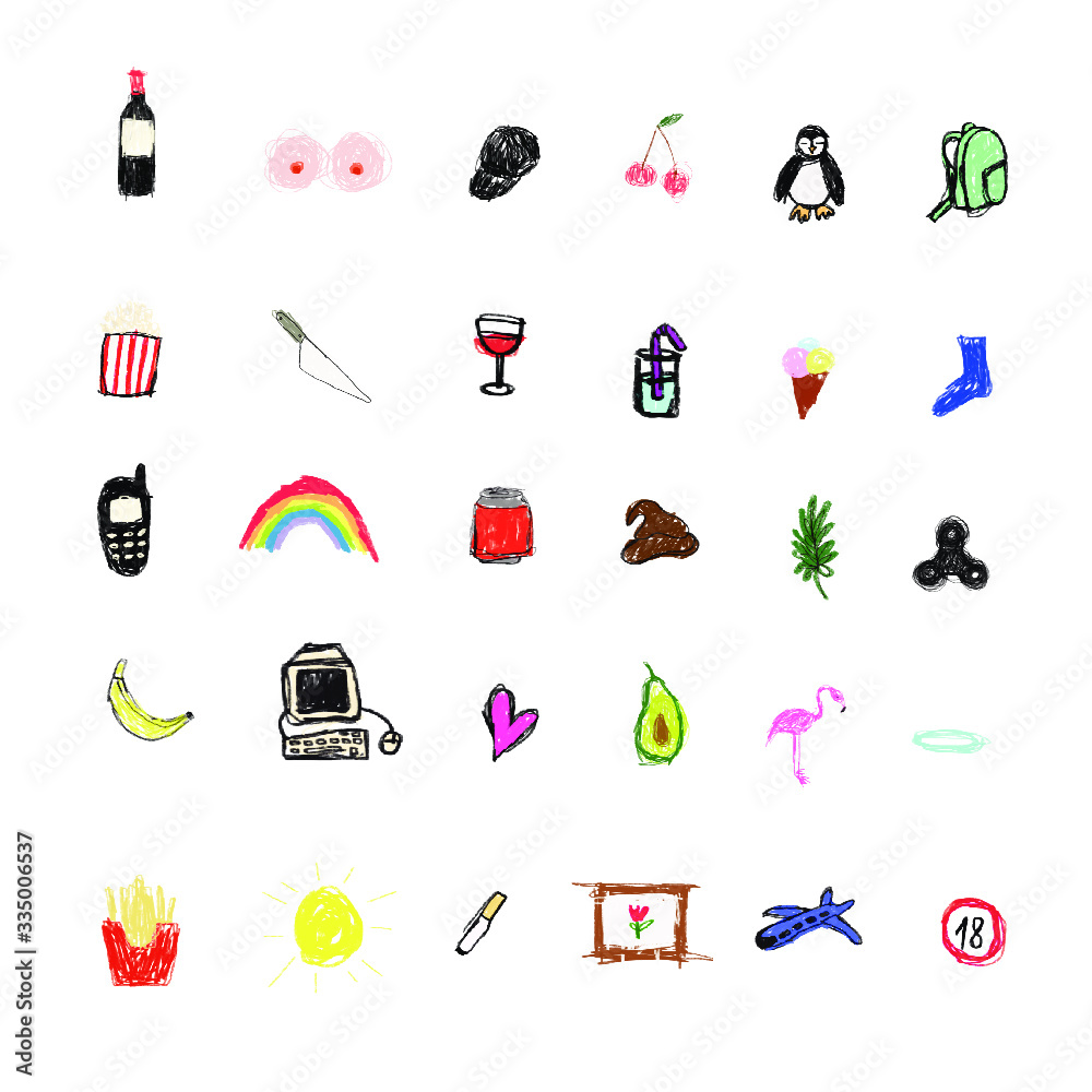 Pencil sketch style set of colorful icon illustration