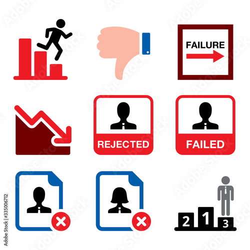 Failure, rejected man, business fail, bankruptcy vector icons set 

