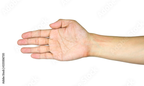 Male hand gesture and sign collection isolated on white background. "paper, rock paper scissors".
